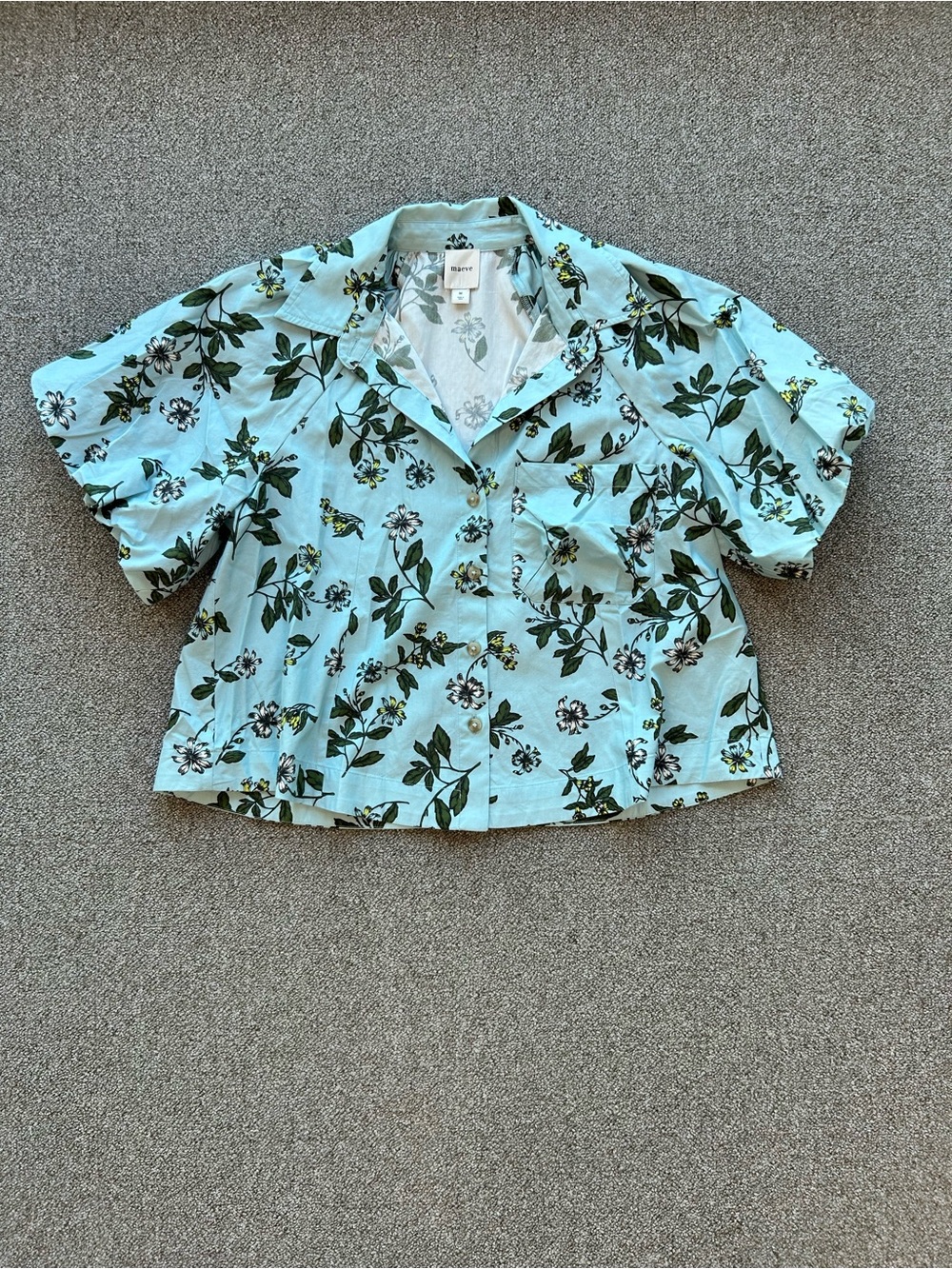Maeve by Anthropologie Floral Button Front Blouse Blue Short Sleeve Size M